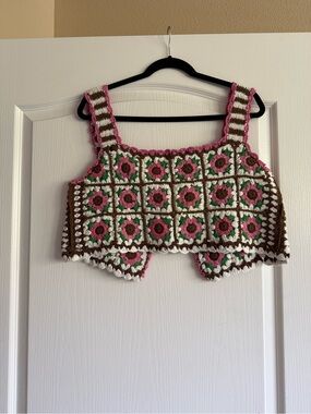 Maeve Anthropologie Pink Brown Crochet Square-Panel Crop Camisole